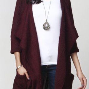 Maroon Cable-Knit Pocket Cardigan Women's Large
